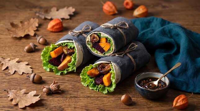 Vegan wrap with roasted pumpkin beetroot and lettuce on table