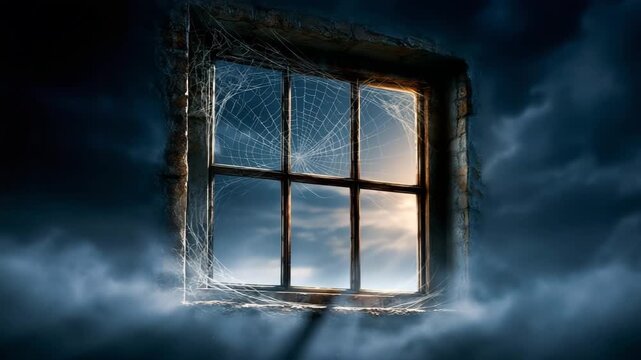 Spider Web Covered Window with Moonlight and Dust