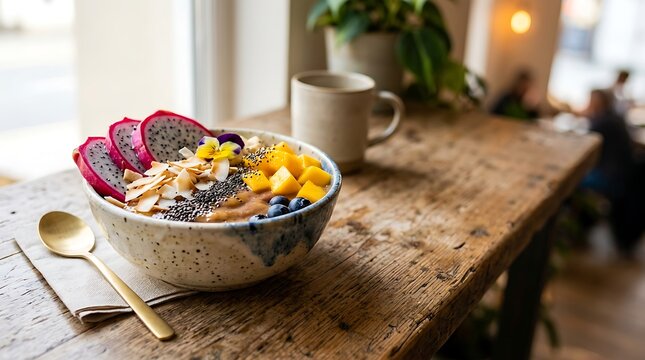 Colorful smoothie bowl with tropical fruits on rustic wooden table