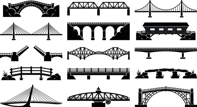 Bridge Silhouette Vector Collection with Suspension Cable-Stayed Arch Truss Drawbridge and Covered Bridge Shapes for Civil Engineering Landscape Graphic Designs