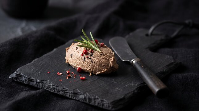 Gourmet meat pate with rosemary on black slate board