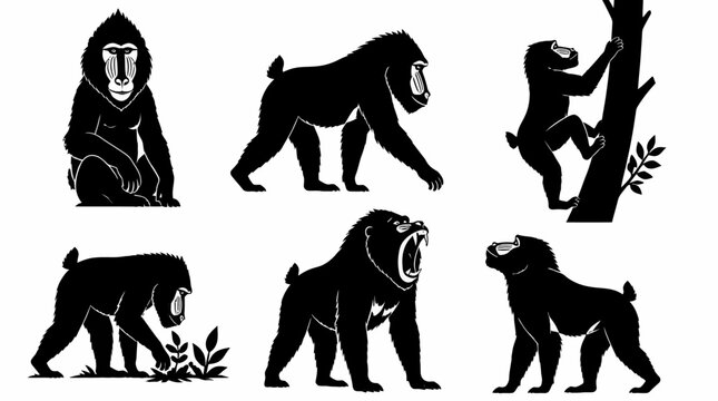 Mandrill monkey silhouettes set in various natural poses and actions