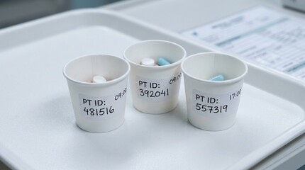 Obraz premium Close-crop of small paper medication cups each labeled with a patient identifier number