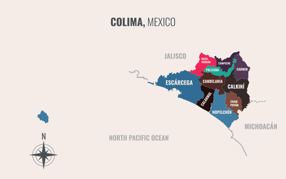 Colima Mexico Estado into Municipio in a minimalist colorful style map showing