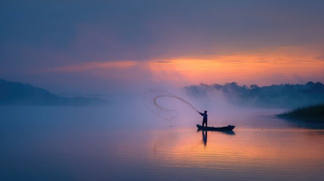 Fisherman casting net at sunrise