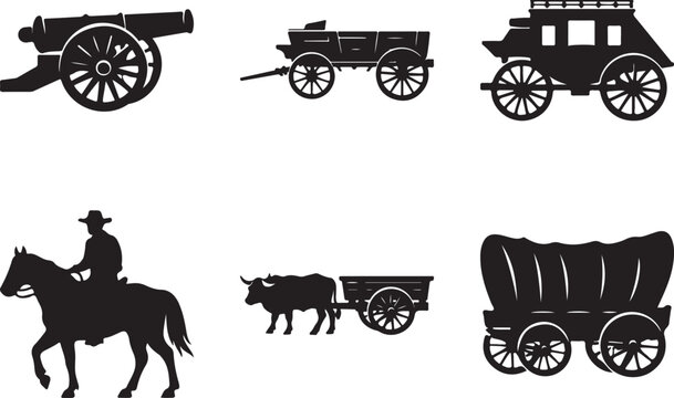 wagon wheel icon, western cart symbol set