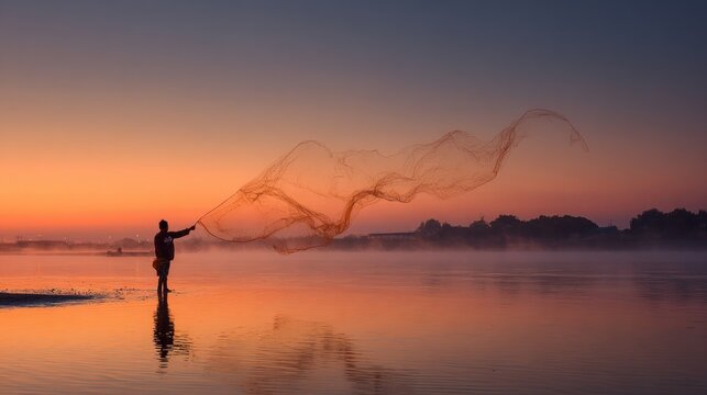 Fisherman casting net at sunset