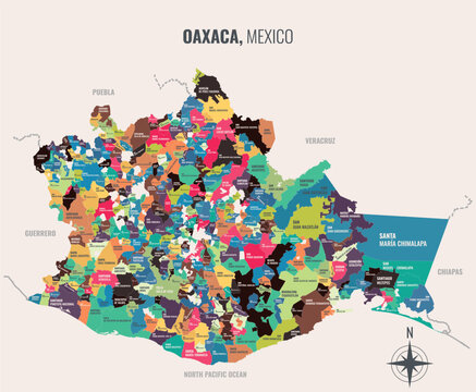 Oaxaca Mexico Estado into Municipio in a minimalist colorful style map showing