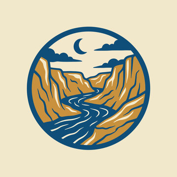 A tranquil and serene illustration of a river flowing through mountains under moonlight, evoking feelings of calmness and nature's beauty captured in artistic style.