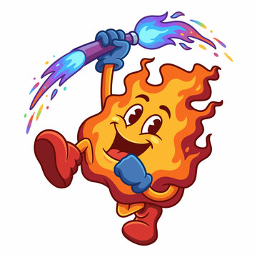 This vibrant illustration features a joyful flame character happily wielding a spray of multicolored paint, embodying creativity and fun in a whimsical artistic style.