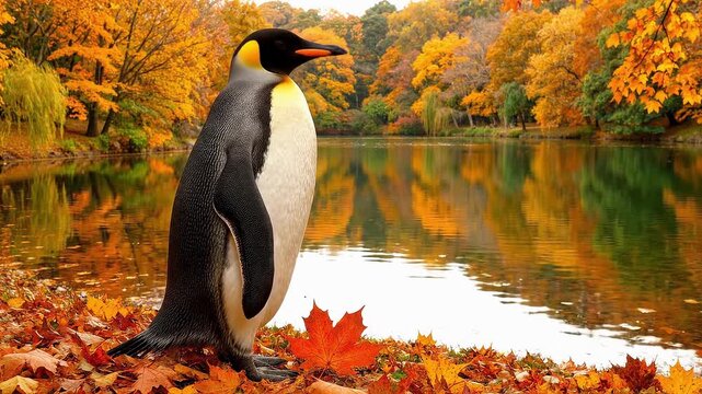 Emperor penguin standing on autumn foliage by a calm lake an stands gracefully on a bed
