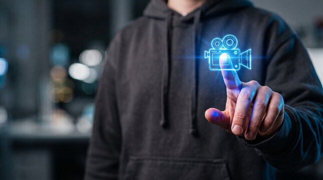 Remote creator studio finger touch hologram video camera icon dark hoodie blurred background