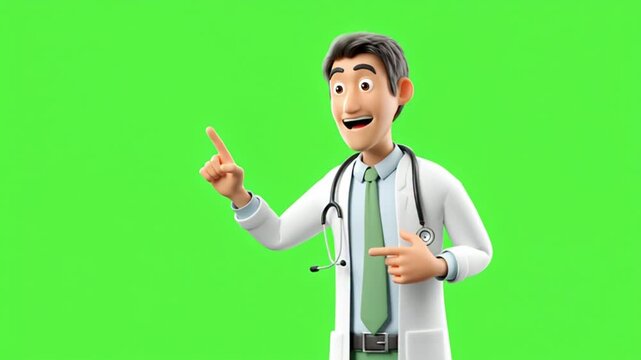 A 3D video of a male doctor standing and wearing a standard white medical coat, with a stethoscope hanging around his neck; he has a friendly expression and is gesturing as if explaining or pointing a