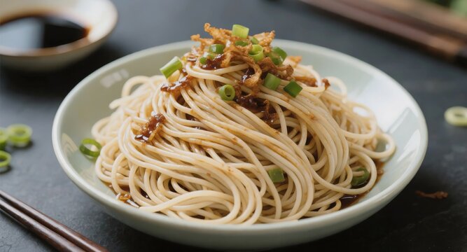 Scallion oil dried noodles served on pale ceramic plate, classic Chinese scallion oil noodles topped with crispy fried shallots and chopped green onion on dark stone table, traditional asian noodle fo