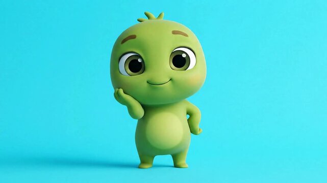 Small green alien cartoon creature standing against bright solid blue studio background