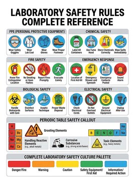 Laboratory safety rules reference guide with colorful icons