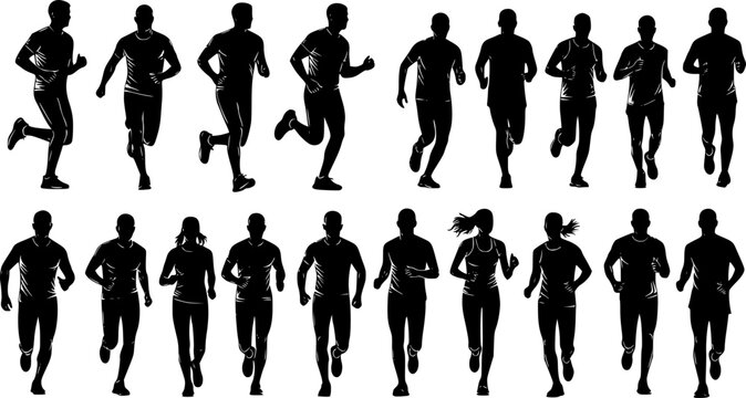 Running men and women, isolated vector silhouettes. Run, side view. Silhouettes of athletic looking male and female runners running. Transparent EPS version.