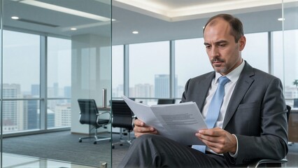 Fototapeta premium Man in suit reads documents in modern office with city view through large windows.