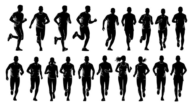 Running men and women, isolated vector silhouettes. Run, side view. Silhouettes of athletic looking male and female runners running. JPEG version.