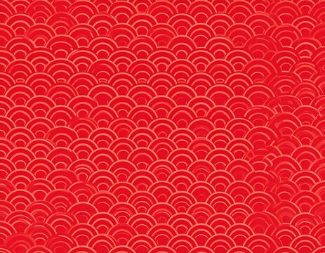 A vibrant, repeating pattern composed of stylized, interlocking semicircles in shades of red and gold. The design is seamless