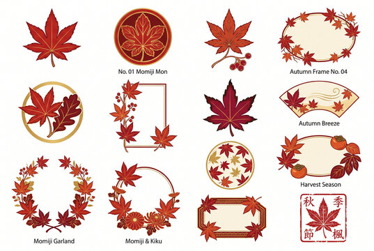 Japanese Maple Leaf Momiji Autumn Crest Badge and Frame Collection