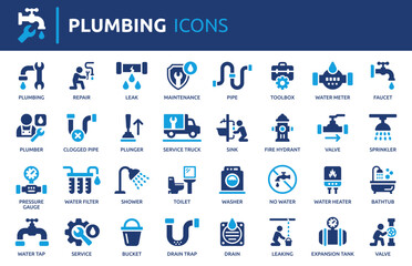 Naklejka na ściany i meble Plumbing Icons Set, Containing Plumber, Pipe, Repair, Leak Detection, Maintenance and Bathroom. Vector Collection