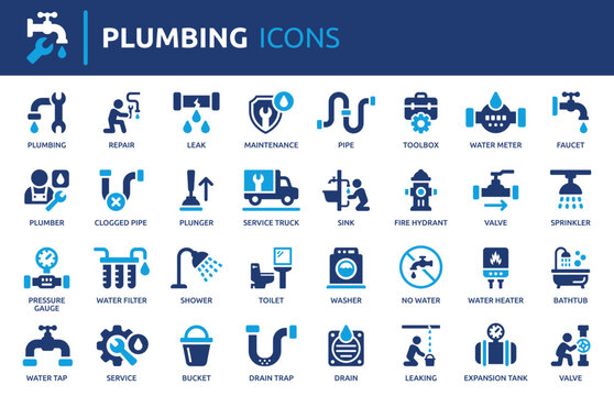 Plumbing Icons Set, Containing Plumber, Pipe, Repair, Leak Detection, Maintenance and Bathroom. Vector Collection
