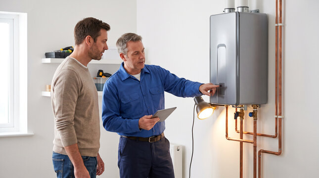 Plumber explaining tankless water heater inspection to homeowner