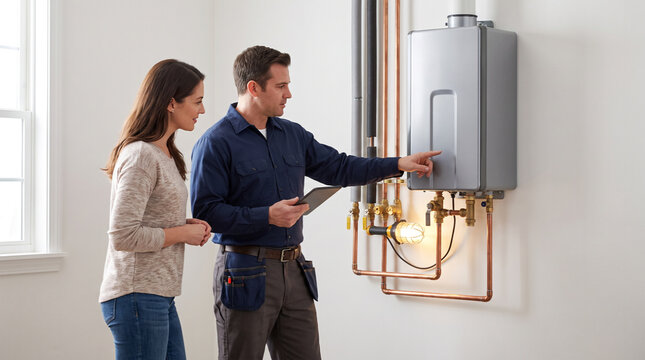Professional plumber explains tankless water heater inspection to homeowner in clean utility room, discussing plumbing system beside modern equipment with natural interaction.