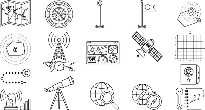 Navigation and exploration icon set with world map, compass, satellite, telescope, and global search symbols