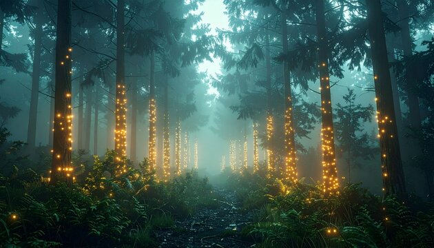 Enchanted Forest - Trees Wrapped in Fairy Lights Amidst Misty Atmosphere.