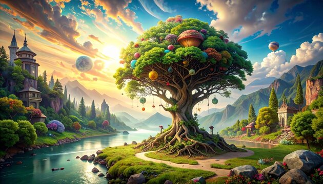 Enchanted Landscape - A Whimsical Tree of Life Illustration.