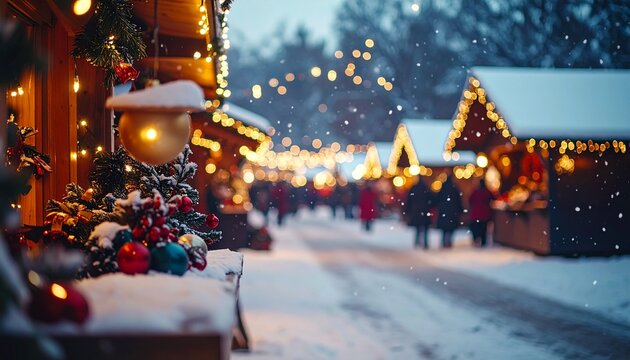 Enchanting Christmas Market Scene with Snow and Festive Lights.