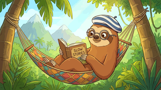 Cute Sloth Reading Book in Hammock Jungle Paradise, Relaxing Tropical Vacation