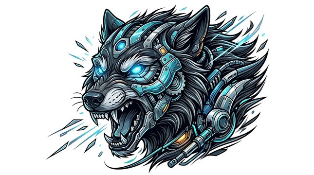 Cybernetic wolf head with glowing blue eyes and mechanical armor