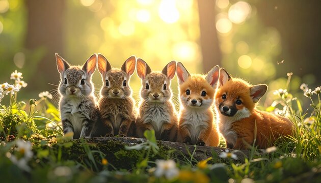 Enchanting Forest Friends - A Whimsical Gathering of Bunnies and Foxes.
