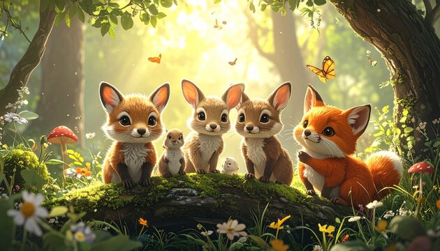 Enchanting Forest Gathering - A Whimsical Scene of Baby Animals.