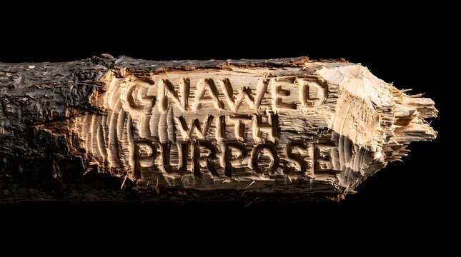 The words 'GNAWED WITH PURPOSE' carved into a rustic wooden log with beaver-chewed textures, a powerful metaphor for determined effort, hard work, and finding intention in raw nature.