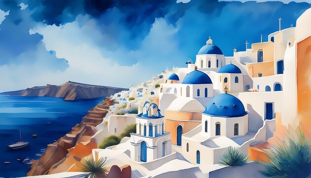 view of santorini white buildings against blue sky and sea watercolour art pastele colours