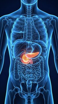 3D Medical Animation of Glowing Pancreas and Endocrine System in Human Torso Anatomy on Dark Blue Background