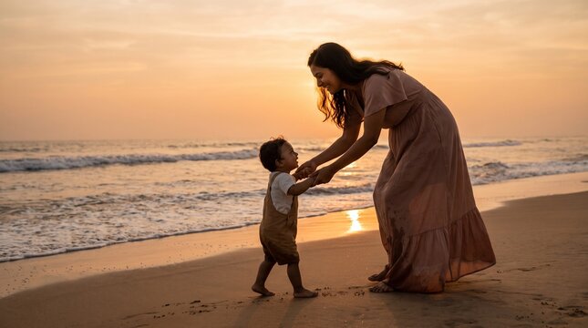 Loving mother helping her little boy take first steps on the sandy beach at sunset