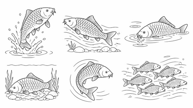Hand-drawn carp fish collection in various poses and swimming actions