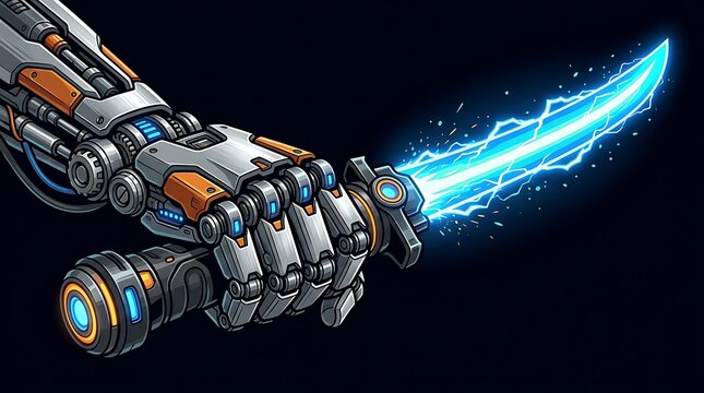 Robotic cybernetic hand gripping a glowing blue energy blade sword