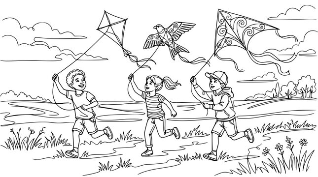 Children flying kites in a field, line art drawing, outdoor fun, summer activity