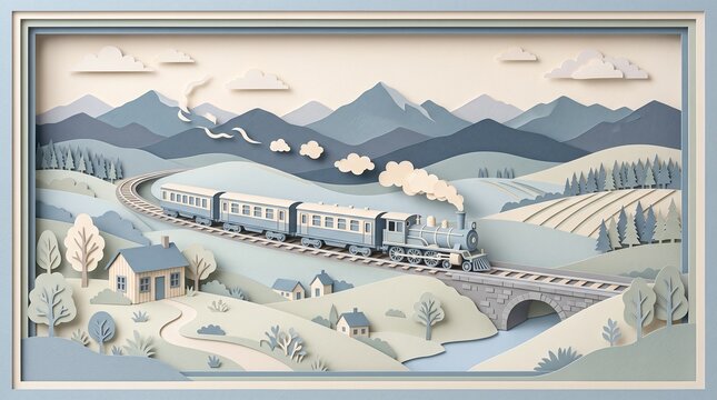 Paper cut steam locomotive crossing stone bridge in layered landscape