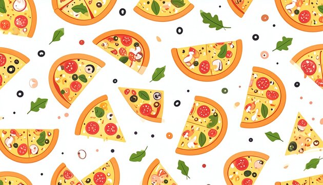 A vibrant, repeating pattern of pizza slices with diverse toppings, scattered on a white background with decorative greens and olives