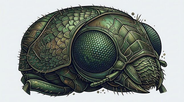 Stylized green metallic insect head with large compound eyes