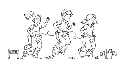 Childrens sack race, line drawing, kids jumping in sacks, outdoor game, sports competition