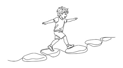 Joyful child walking on stepping stones, continuous line art, childhood fun