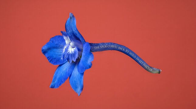 A vibrant blue delphinium flower with an elongated spur on a rustic red background, symbolizing nature&rsquo;s precise anatomical design and the hidden sweetness of evolutionary adaptation.